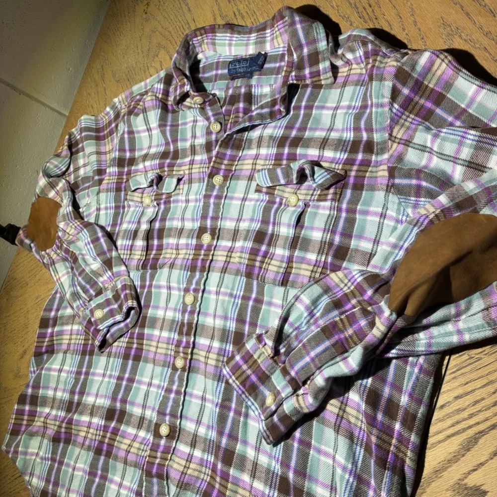 Polo Ralph Lauren Flannel Shirt Mens XL Classic Fit Plaid Elbow Patches Cotton
